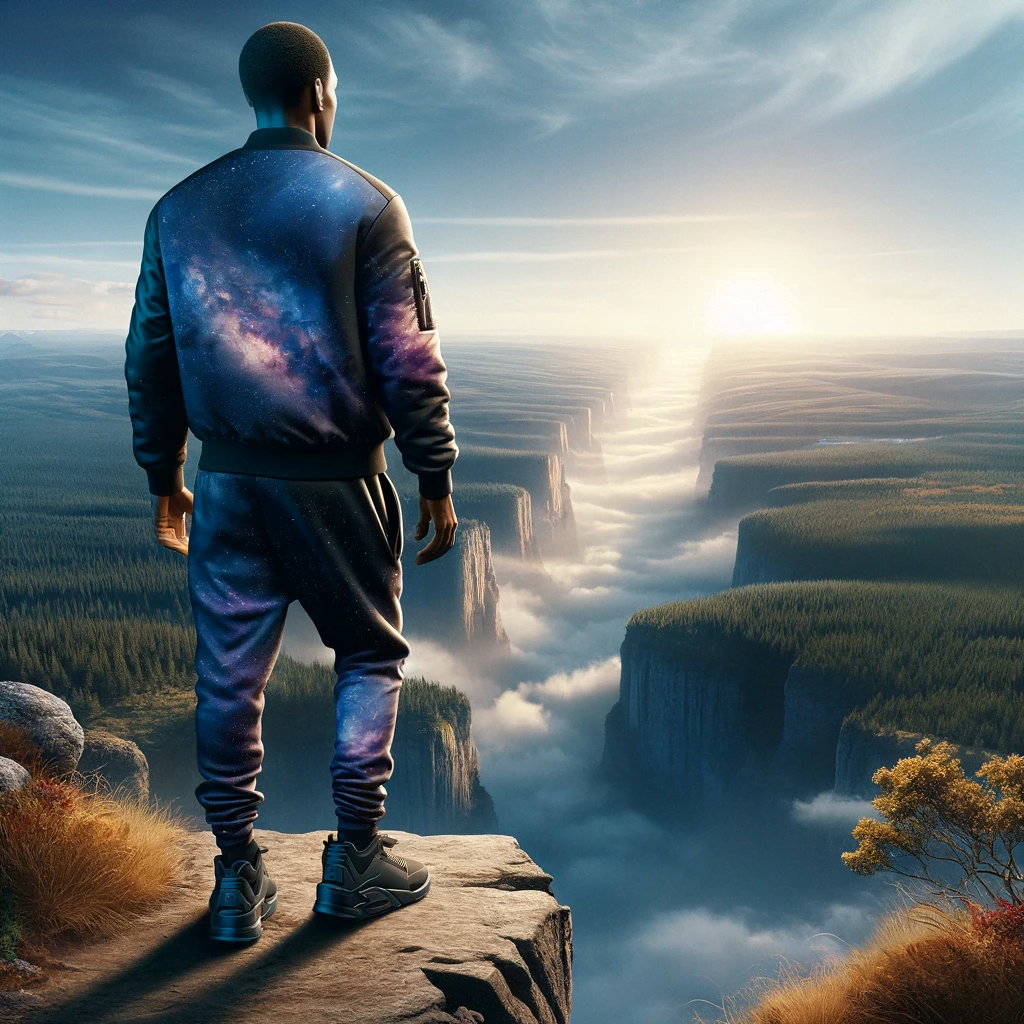 Black man on a cliff's edge overlooking transition from forest to open field, symbolizing new beginnings.