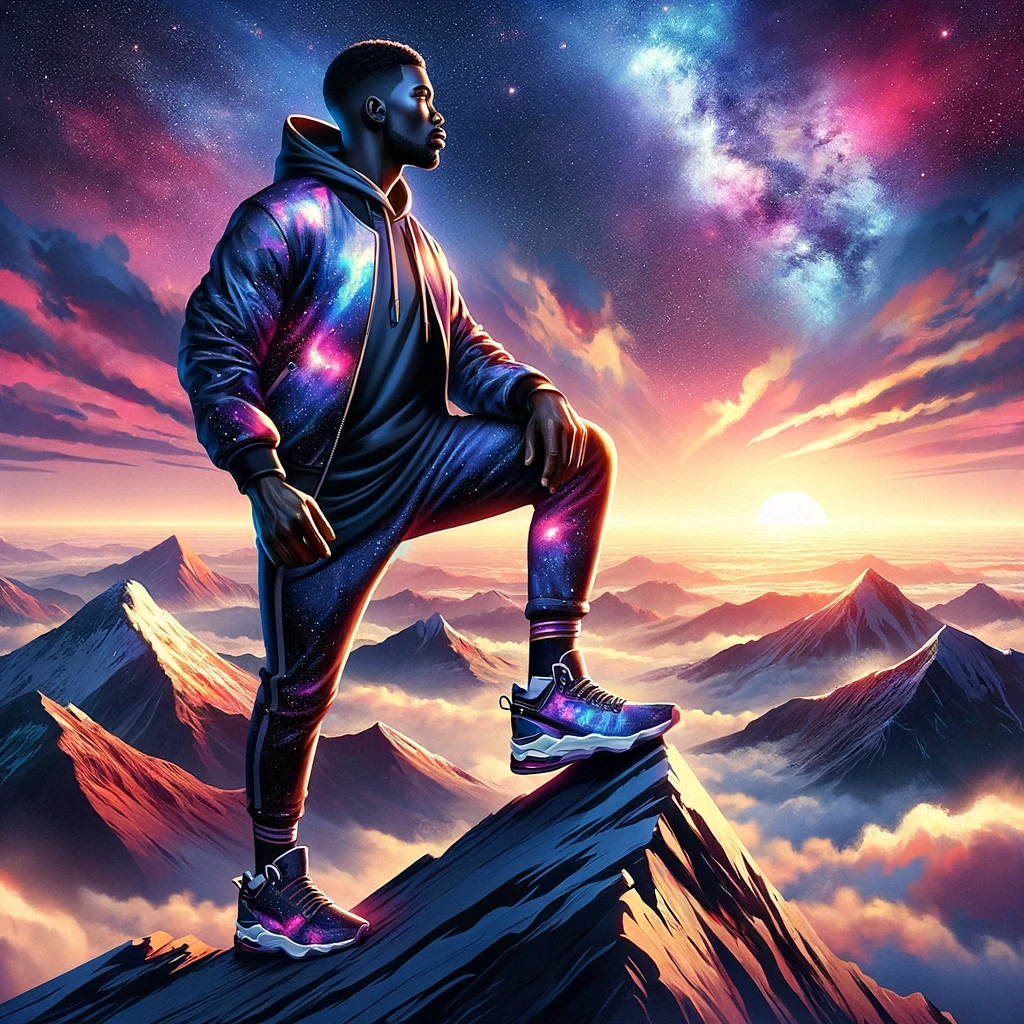 Triumphant Black man atop a mountain at sunrise, symbolizing purpose and passion.