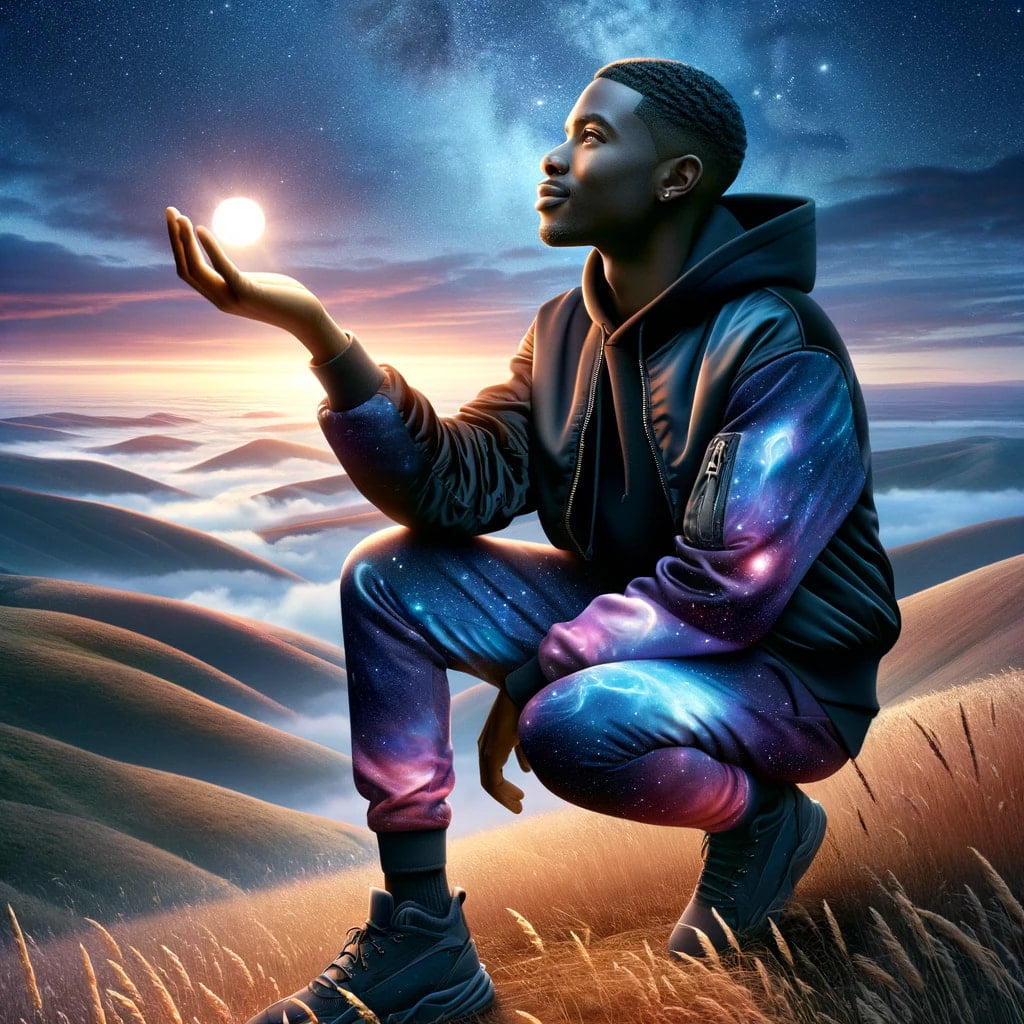 Black man in galaxy-themed attire holding a glowing orb under a starry sky.