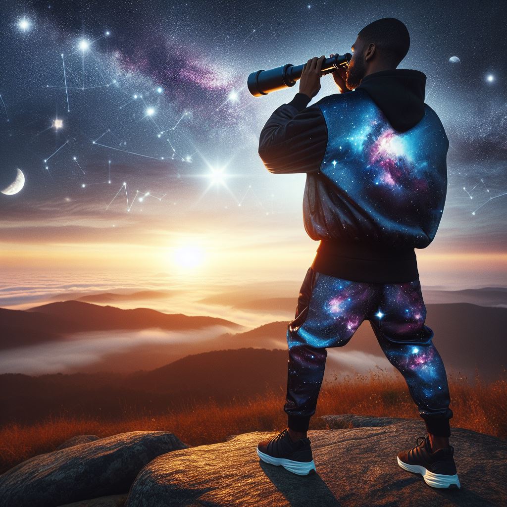 A person in galaxy print clothing looking through a telescope against a backdrop of a starry sky and mountainous horizon at sunset.