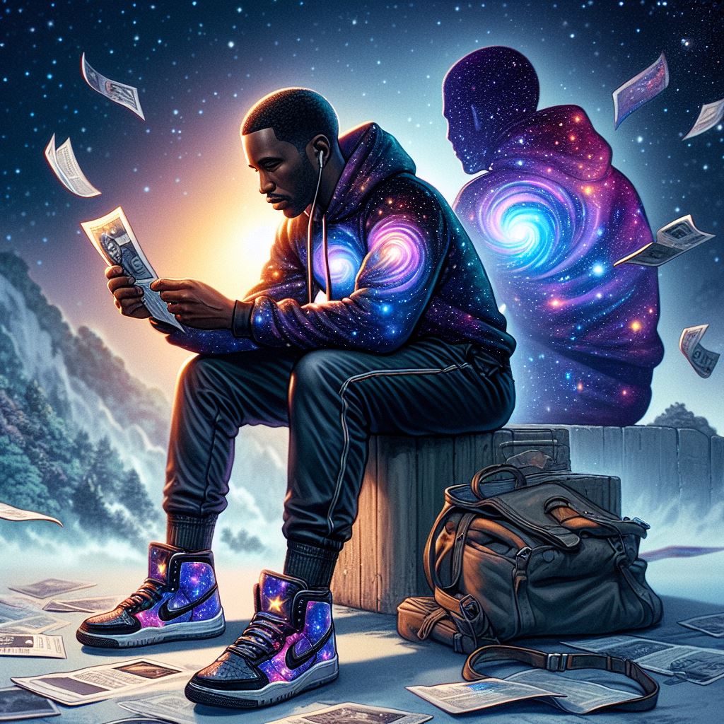 Man in galaxy-themed attire reflecting on personal growth with a cosmic silhouette beside him.