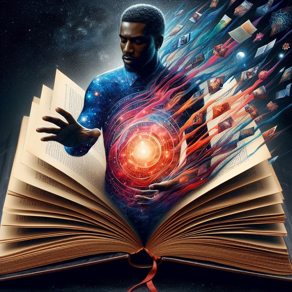Man with cosmic energy flowing from an open book symbolizing personal change and knowledge.