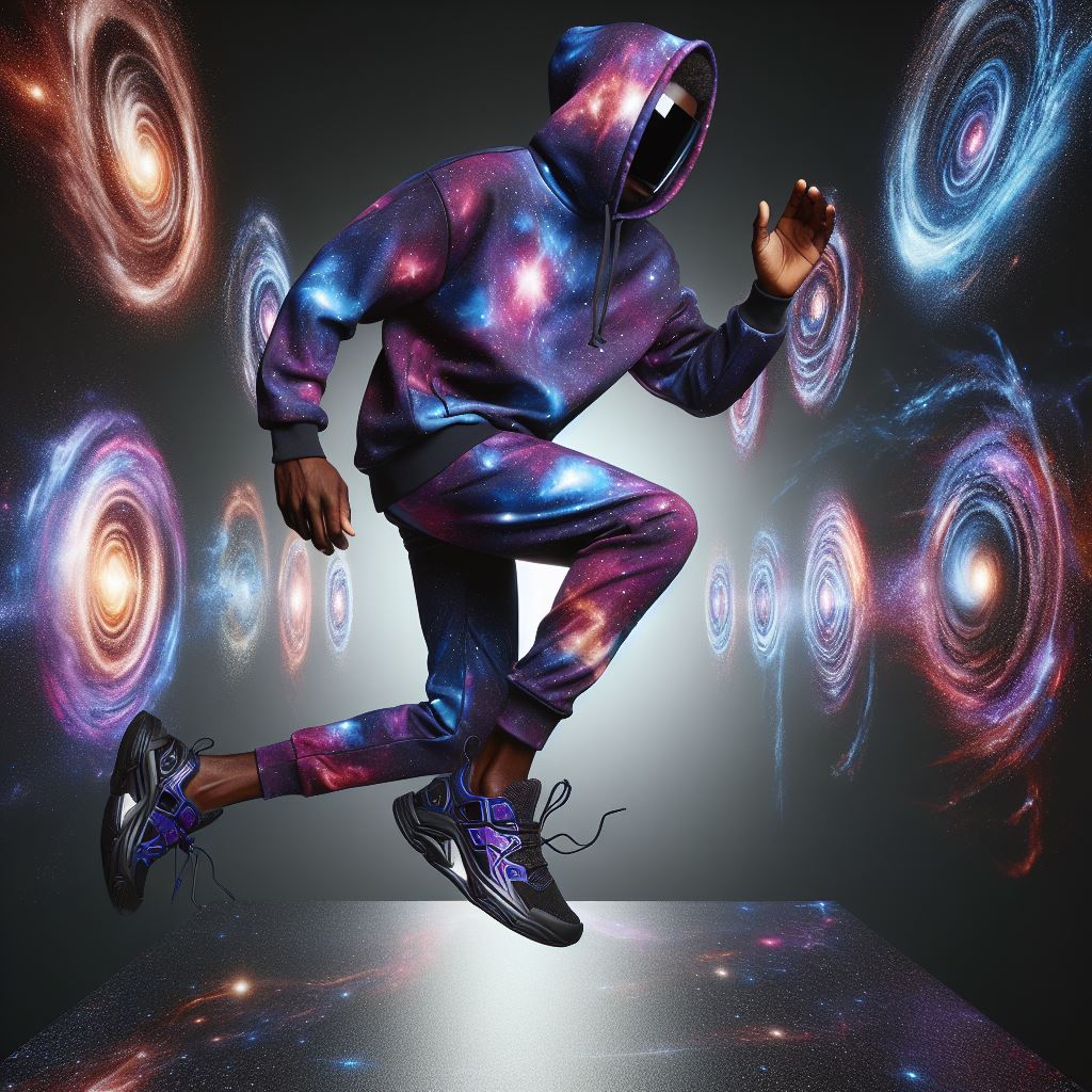 Dynamic figure in galaxy print clothing leaps across a cosmic backdrop.