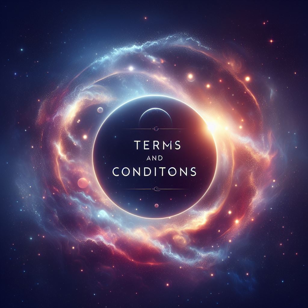 Galactic vortex encircling 'Terms and Conditions' text symbolizing the order and structure of Galaxies Multiverse's guidelines.